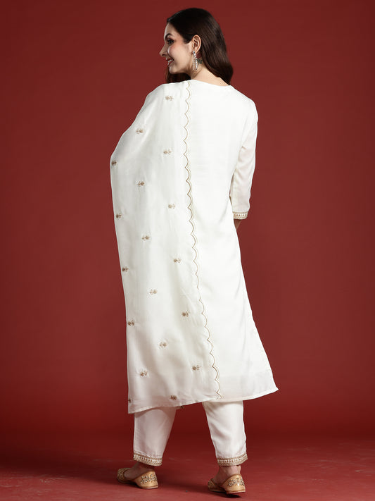 Indo Era White Embroidered Straight Kurta Trousers With Dupatta Set