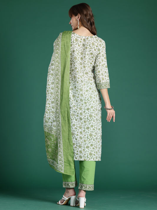 Indo Era Green Printed Straight Kurta Trousers With Dupatta Set
