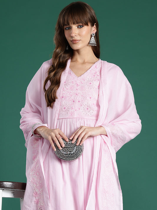 Indo Era Pink Embroidered A-Line Kurta Trousers With Dupatta Set