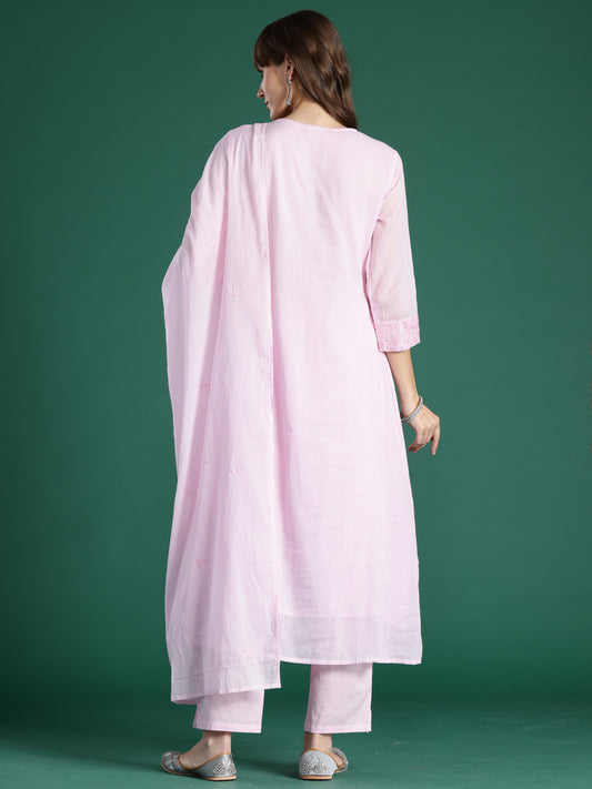 Indo Era Pink Embroidered A-Line Kurta Trousers With Dupatta Set