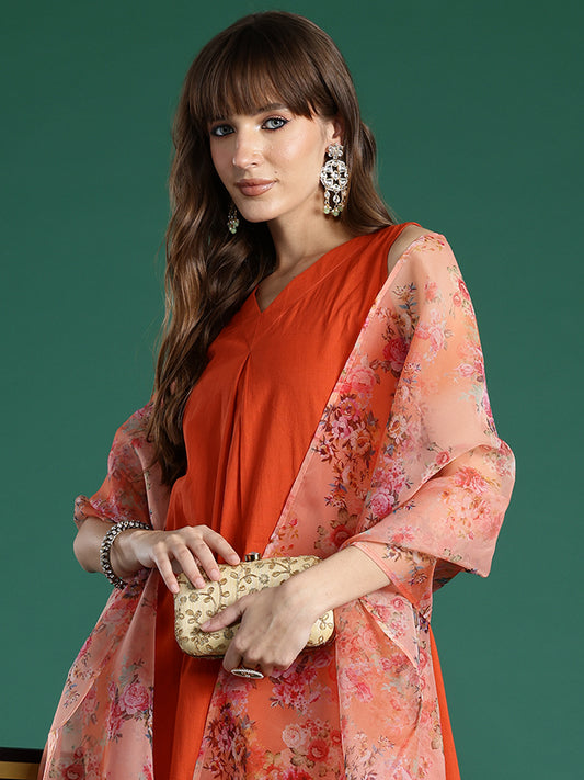 Indo Era Rust Solid A-Line Kurta Trousers With Dupatta Set