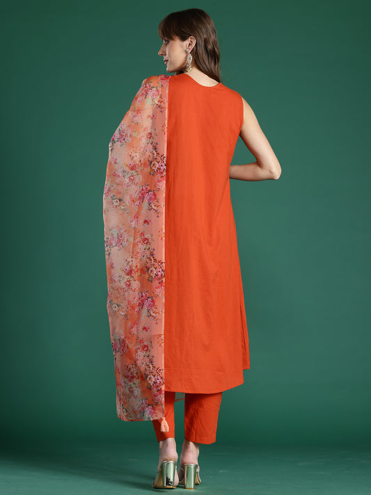 Indo Era Rust Solid A-Line Kurta Trousers With Dupatta Set