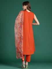 Indo Era Rust Solid A-Line Kurta Trousers With Dupatta Set