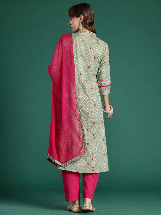Indo Era Green Printed A-Line Kurta Trousers With Dupatta Set