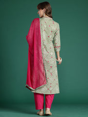 Indo Era Green Printed A-Line Kurta Trousers With Dupatta Set