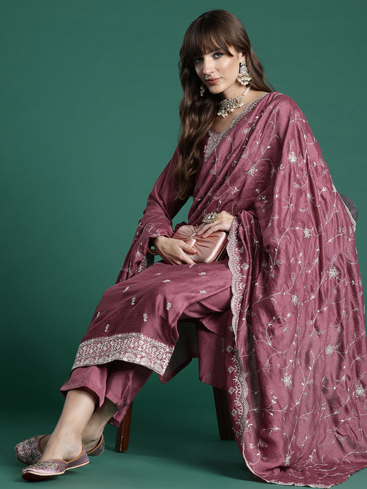 Indo Era Mauve Embroidered Straight Kurta Trousers With Dupatta Set