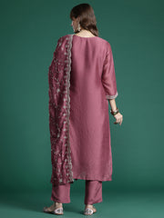 Indo Era Mauve Embroidered Straight Kurta Trousers With Dupatta Set