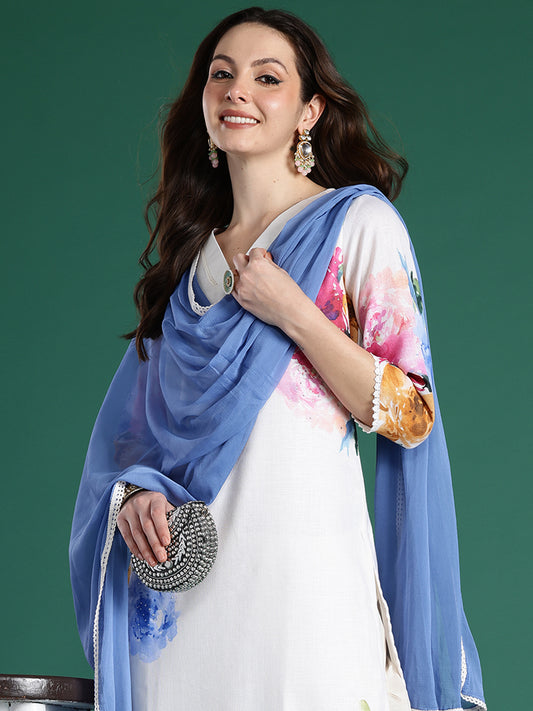 Indo Era Off White Printed Straight Kurta Trousers With Dupatta Set