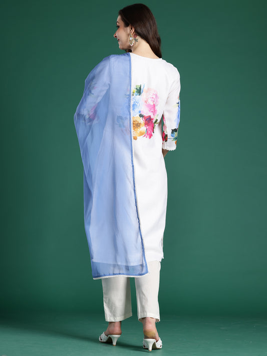 Indo Era Off White Printed Straight Kurta Trousers With Dupatta Set