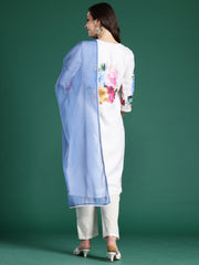 Indo Era Off White Printed Straight Kurta Trousers With Dupatta Set