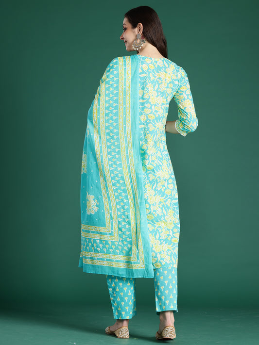 Indo Era Blue Printed Straight Kurta Trousers With Dupatta Set