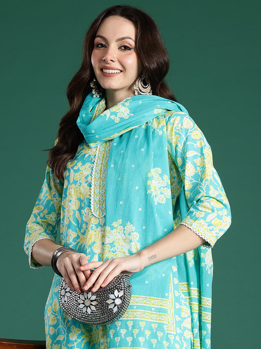 Indo Era Blue Printed Straight Kurta Trousers With Dupatta Set