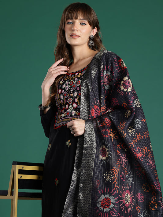 Indo Era Black Embroidered Straight Kurta Trousers With Dupatta Set