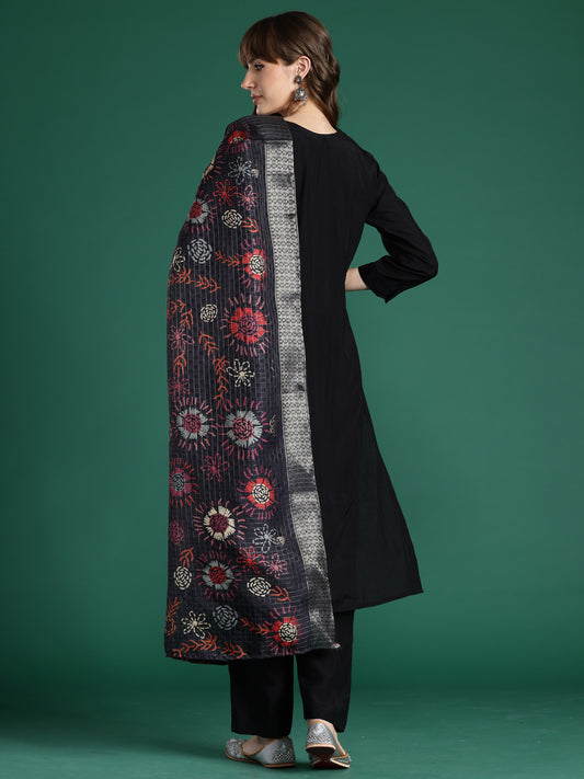 Indo Era Black Embroidered Straight Kurta Trousers With Dupatta Set