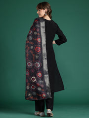 Indo Era Black Embroidered Straight Kurta Trousers With Dupatta Set