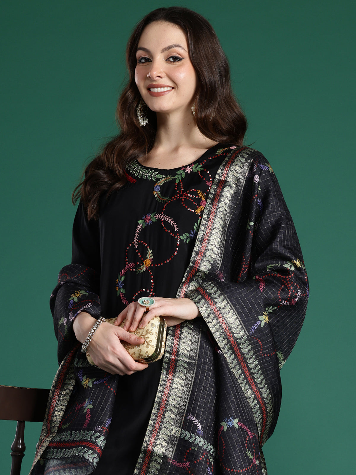 Indo Era Black Embroidered Straight Kurta Trousers With Dupatta Set