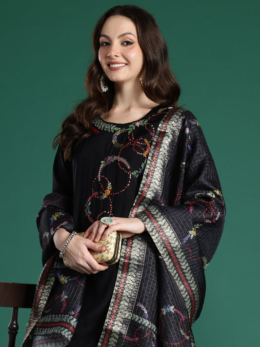 Indo Era Black Embroidered Straight Kurta Trousers With Dupatta Set