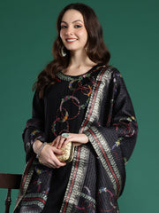Indo Era Black Embroidered Straight Kurta Trousers With Dupatta Set