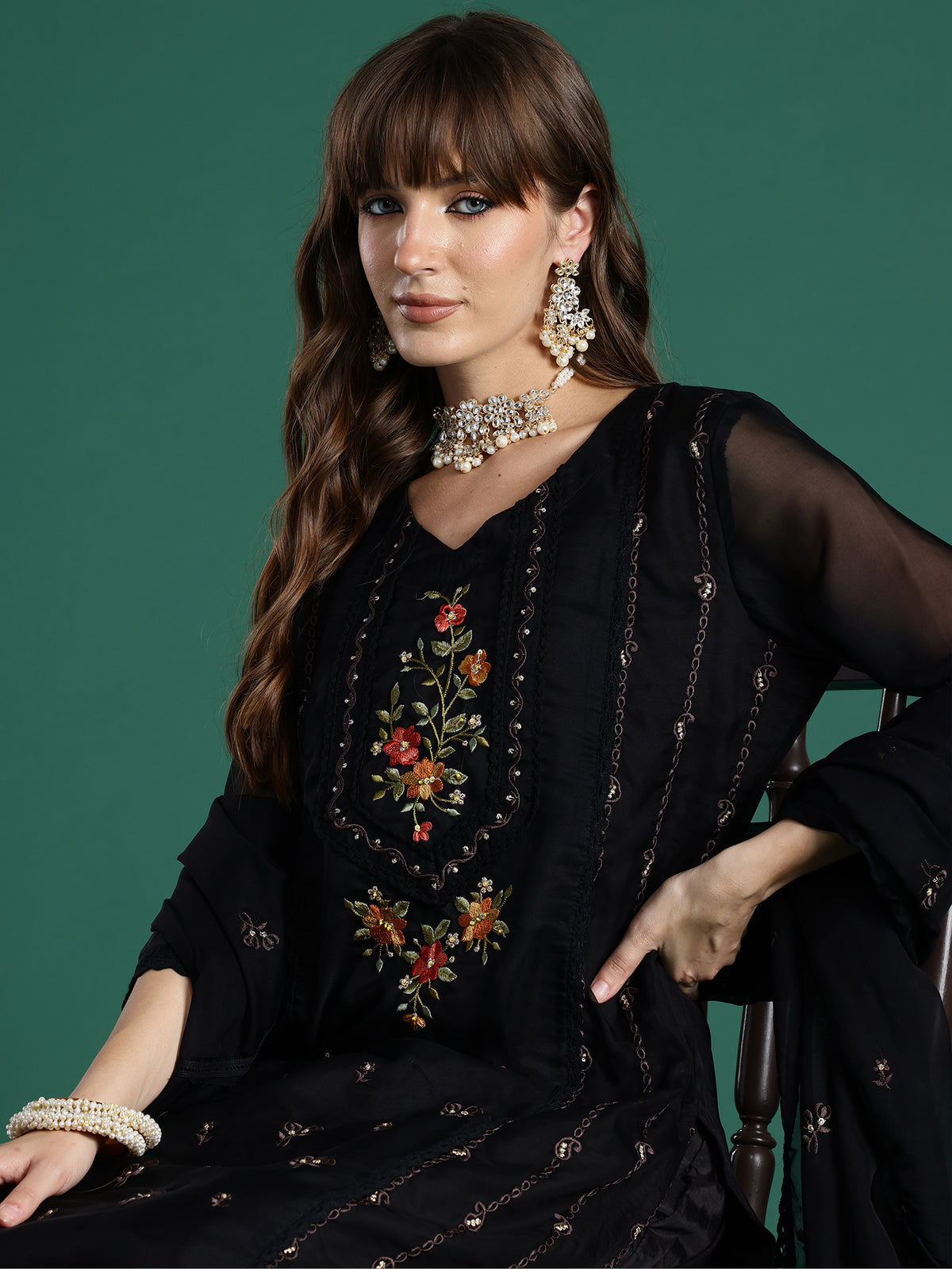 Indo Era Black Embroidered Straight Kurta Trousers With Dupatta set