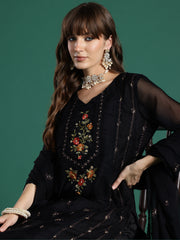 Indo Era Black Embroidered Straight Kurta Trousers With Dupatta set