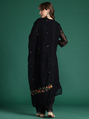 Indo Era Black Embroidered Straight Kurta Trousers With Dupatta set
