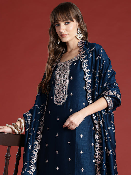 Indo Era Teal Embroidered Straight Kurta Trousers With Dupatta Set