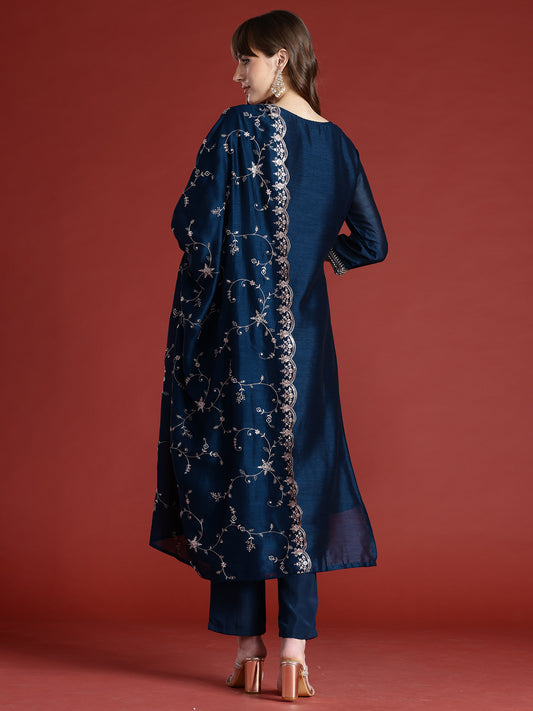 Indo Era Teal Embroidered Straight Kurta Trousers With Dupatta Set