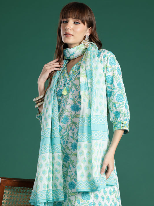 Indo Era White Printed Straight Kurta Trousers With Dupatta Set