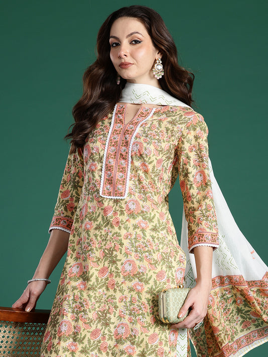 Indo Era Yellow Printed Straight Kurta Trousers With Dupatta Set