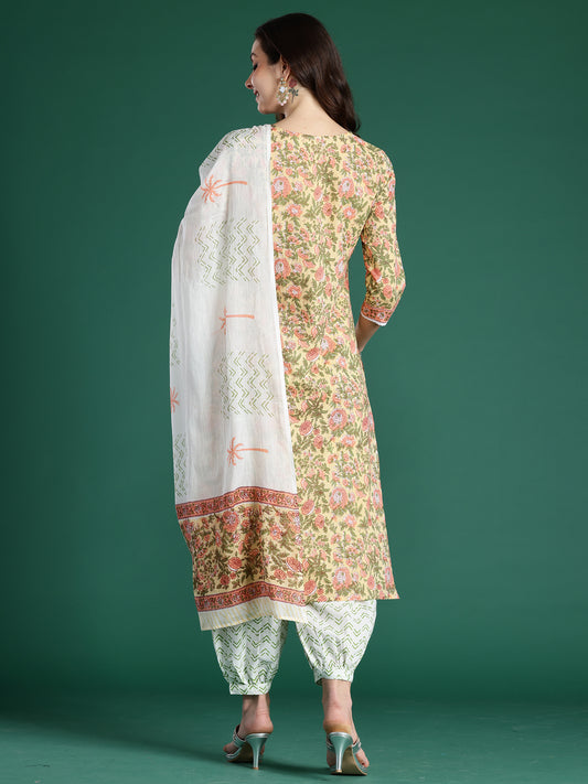 Indo Era Yellow Printed Straight Kurta Trousers With Dupatta Set