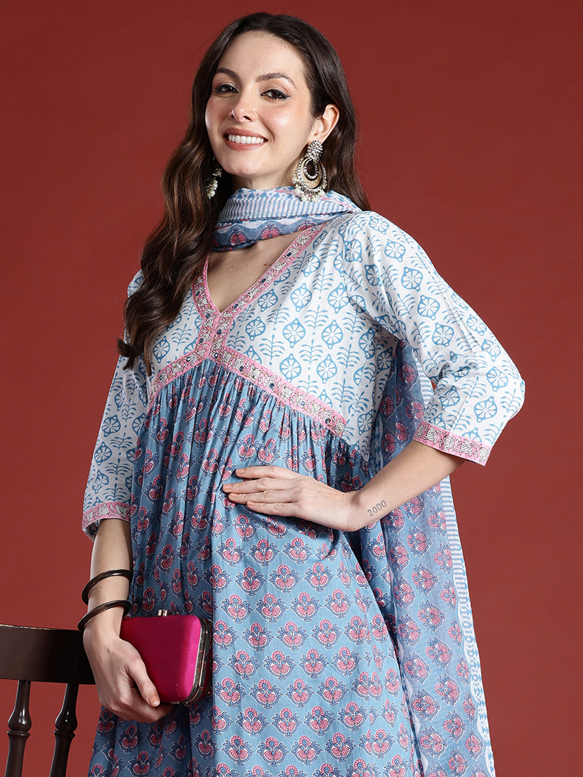 Indo Era Blue Printed A-Line Kurta Trousers With Dupatta Set