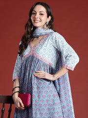 Indo Era Blue Printed A-Line Kurta Trousers With Dupatta Set
