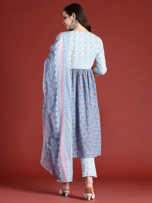 Indo Era Blue Printed A-Line Kurta Trousers With Dupatta Set