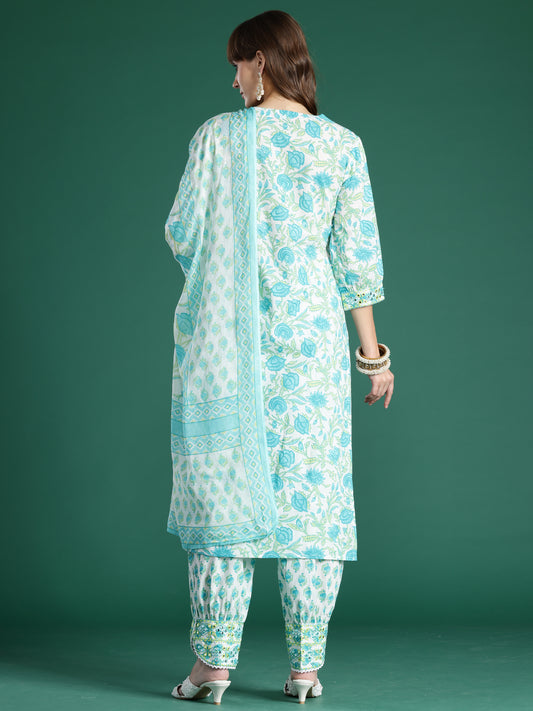 Indo Era White Printed Straight Kurta Trousers With Dupatta Set