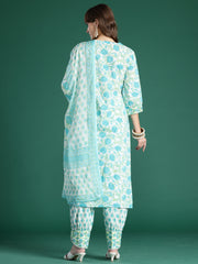 Indo Era White Printed Straight Kurta Trousers With Dupatta Set