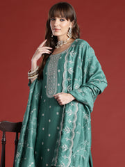 Indo Era Green Embroidered Straight Kurta Trousers With Dupatta Set