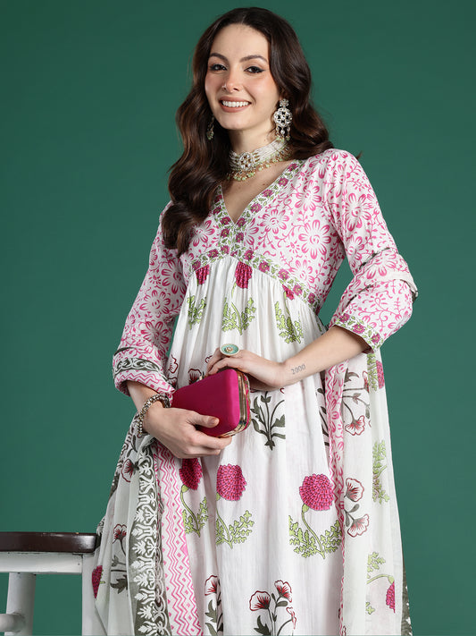 Indo Era White Printed A-Line Kurta Trousers With Dupatta Set