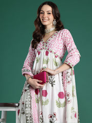 Indo Era White Printed A-Line Kurta Trousers With Dupatta Set