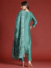 Indo Era Green Embroidered Straight Kurta Trousers With Dupatta Set