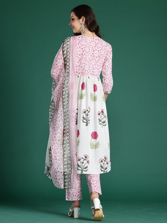 Indo Era White Printed A-Line Kurta Trousers With Dupatta Set