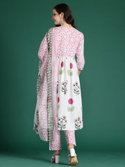 Indo Era White Printed A-Line Kurta Trousers With Dupatta Set