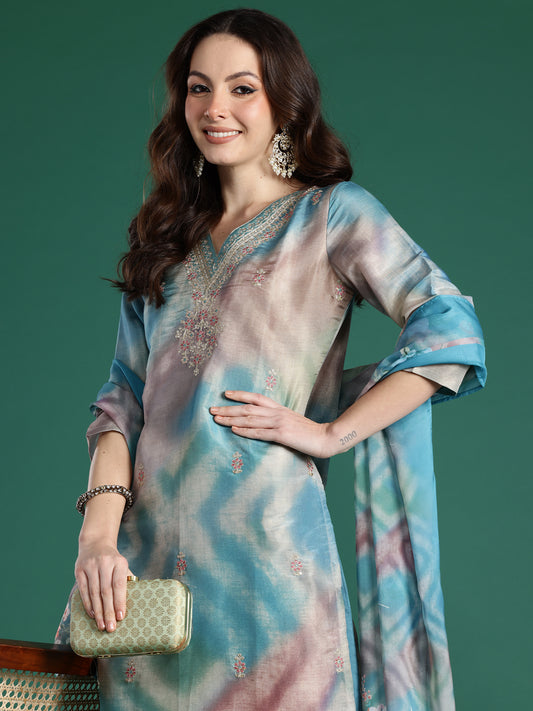 Indo Era Multi Embroidered Straight Kurta Trousers With Dupatta Set
