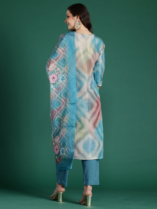 Indo Era Multi Embroidered Straight Kurta Trousers With Dupatta Set