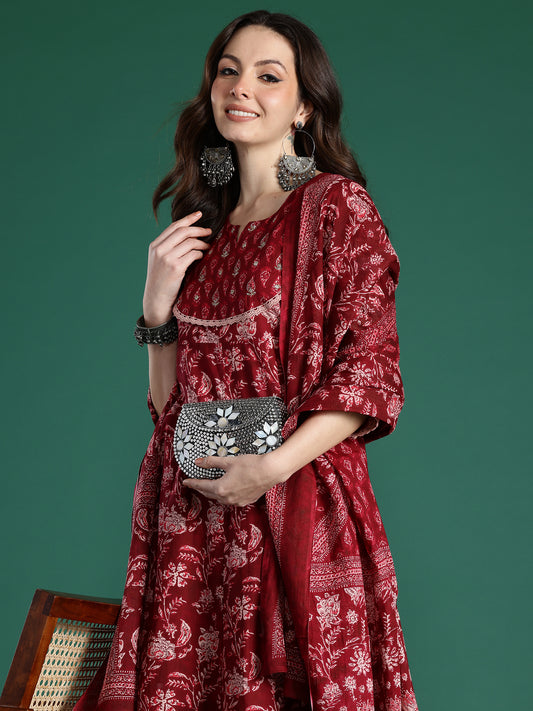 Indo Era Burgundy Printed Anarkali Kurta Trousers With Dupatta Set