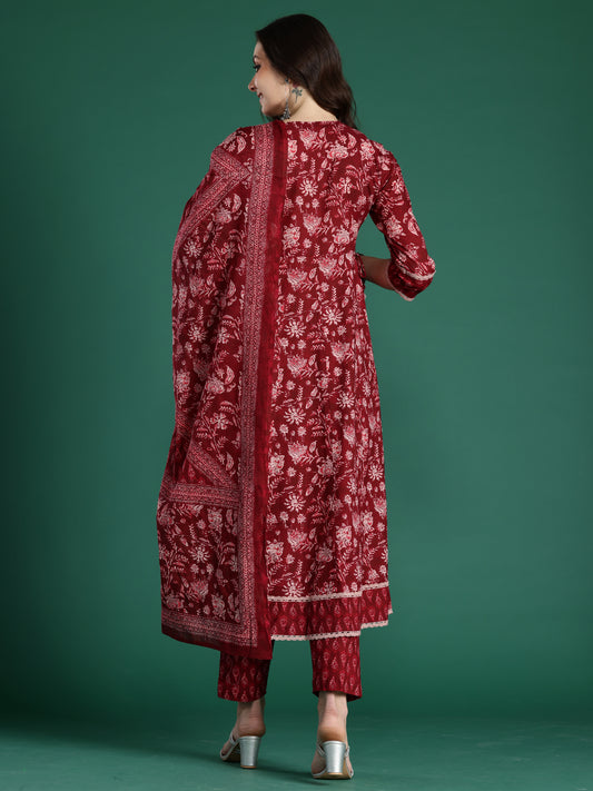 Indo Era Burgundy Printed Anarkali Kurta Trousers With Dupatta Set