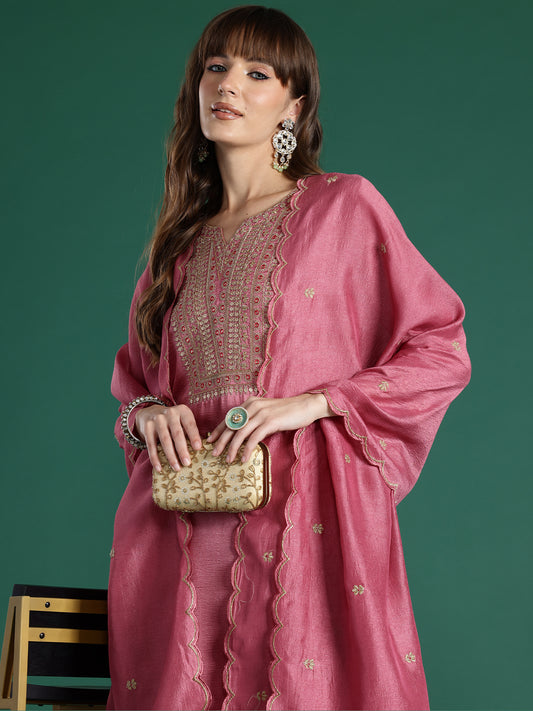 Indo Era Mauve Embroidered Straight Kurta Trousers With Dupatta Set