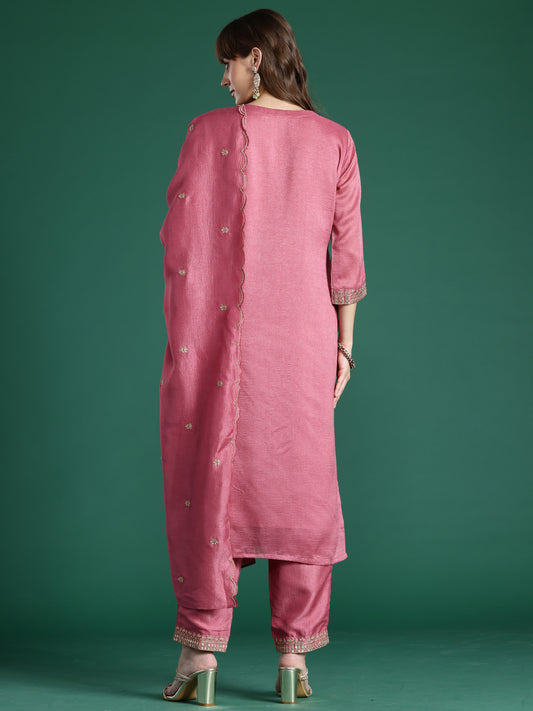 Indo Era Mauve Embroidered Straight Kurta Trousers With Dupatta Set
