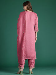 Indo Era Mauve Embroidered Straight Kurta Trousers With Dupatta Set