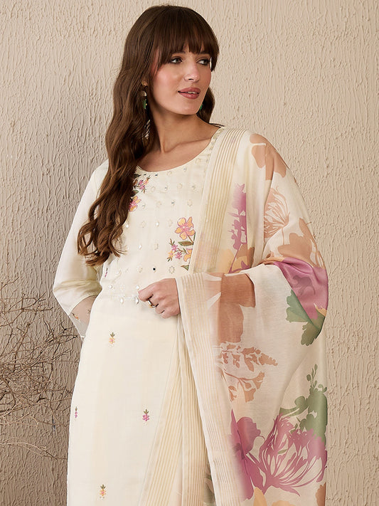 Indo Era White Embroidered Straight Kurta Trousers With Dupatta Set