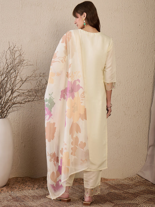 Indo Era White Embroidered Straight Kurta Trousers With Dupatta Set